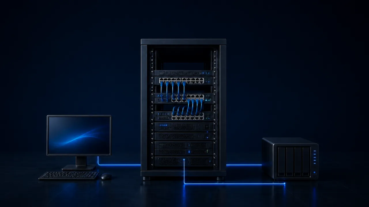 Connected workstation, network rack, Wi-Fi access point and server